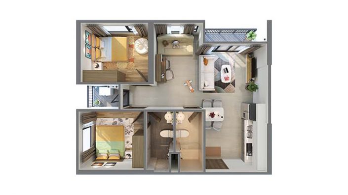 Mặt bằng Căn hộ 2PN+1 62 - 64 m²